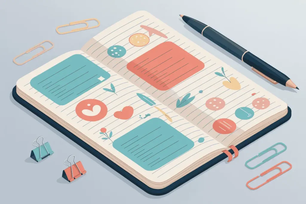 pen and paper planner with icons and clips 