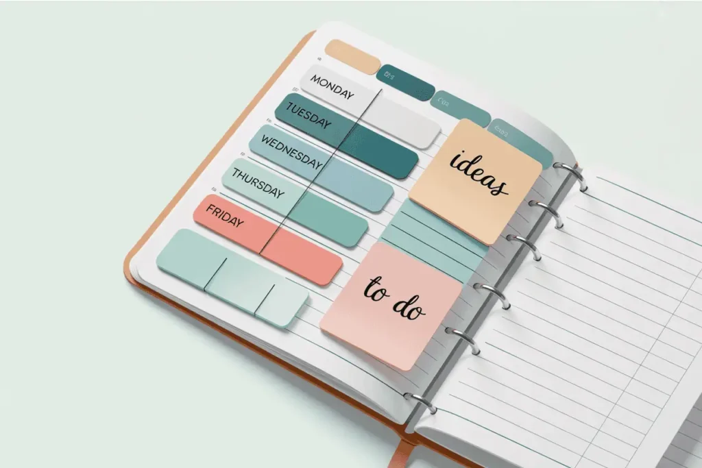 Customizable lesson planner vector with color swatches and sticky notes, teal and coral highlights, on a light green minimalist background, ai lesson plan template generator Google classroom