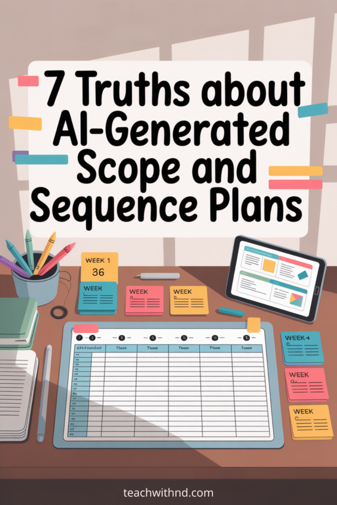 Teacher desk with colorful supplies and a digital screen showing an AI-generated scope and sequence planner, with the title “7 Truths About AI-Generated Scope and Sequence Plans.”