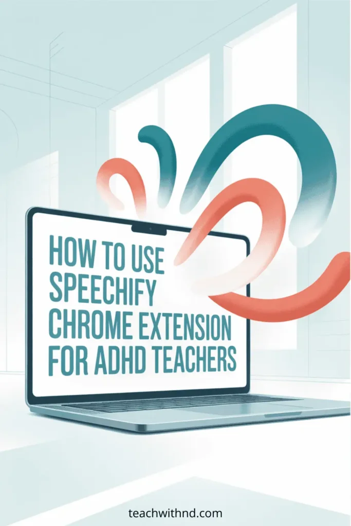 neutral background with teal and coral color curved lines, message on device reads How to Use Speechify Chrome Extension for ADHD Teachers
