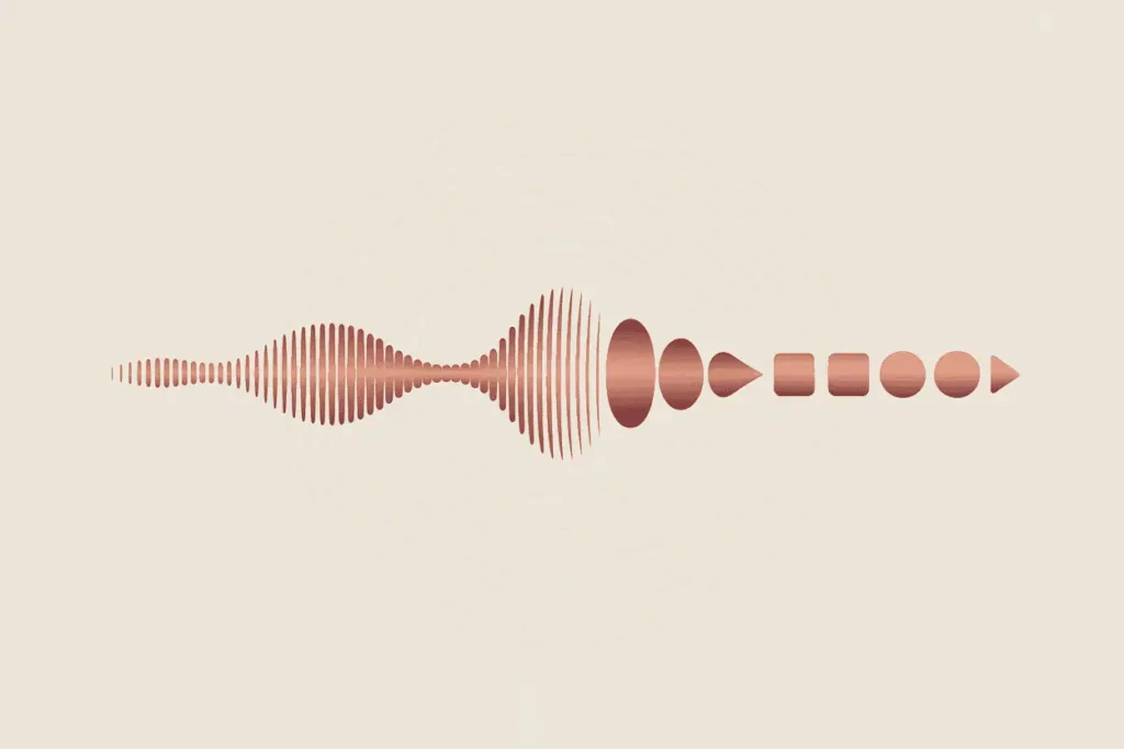 light beige background with peach brown audio waves on left and geometric shapes on right, linear illustration of audio tools 