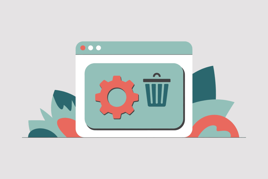 light grey background with modern vector illustration of a device with a gear icon and trash icon, in sage green and coral color