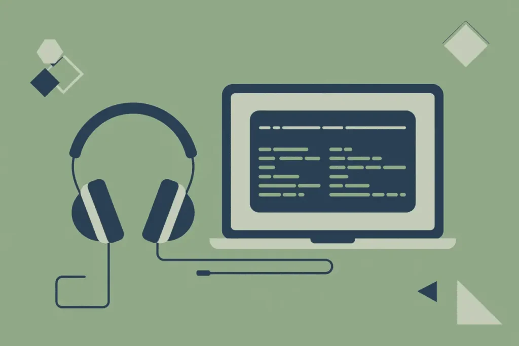 green background with corded headphones and desktop computer with text, How to Install and Use the Speechify Chrome Extension