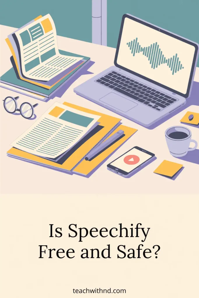 desktop, teacher's desk, mobile, coffee mug, glasses, audio wave graphic on computer screen, message reads Is Speechify Free and Safe