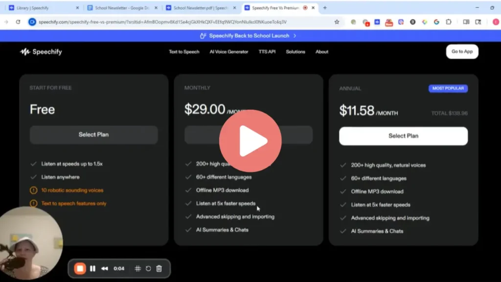 “Screenshot of the Speechify pricing page displayed in a web browser. Three pricing options appear: Free, $29 per month, and $11.58 per month billed annually. Each plan lists features such as listening speed, number of voices, languages, MP3 download, and AI summaries. A large coral play button overlays the center of the screen, and a small video thumbnail of Eileen Guevara speaking appears in the lower left corner, indicating this is a recorded walkthrough.”