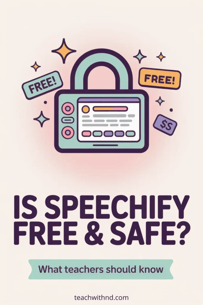 beige background, tablet as lock graphic, message says Is Speechify Free and Safe, What Teachers Should Know
