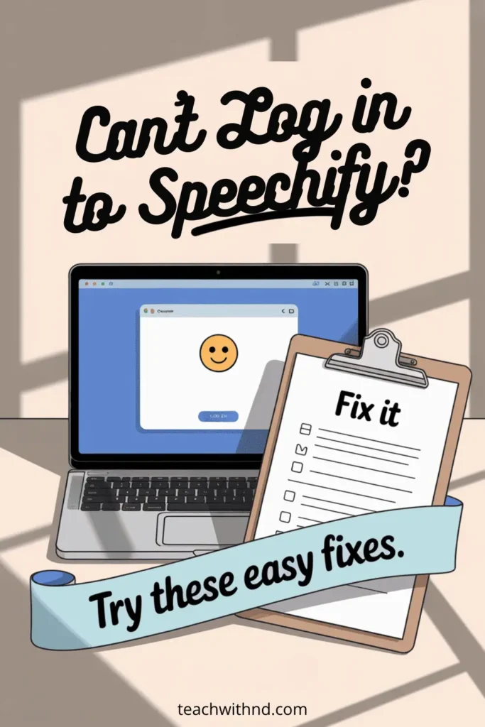 Illustration of shadow-lit office setting with open laptop with smiley face, and a clipboard which says Fix It at the top, a message reading Try these easy fixes.