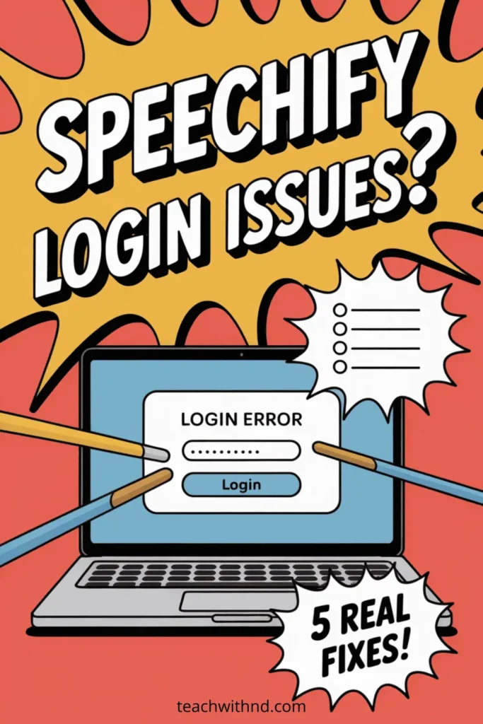 Illustration of red and yellow cartoon-style background with open desktop which says Login Error, and a message saying 5 Real Fixes
