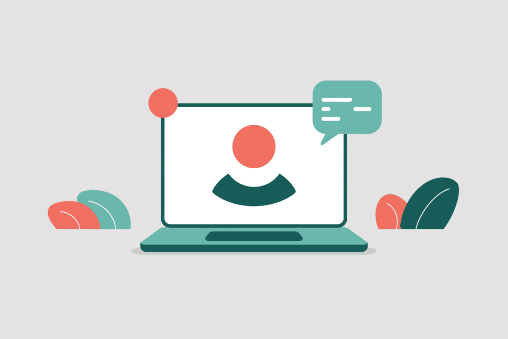 illustration with light grey background of an open laptop with a person icon and a chat box with abstract text 