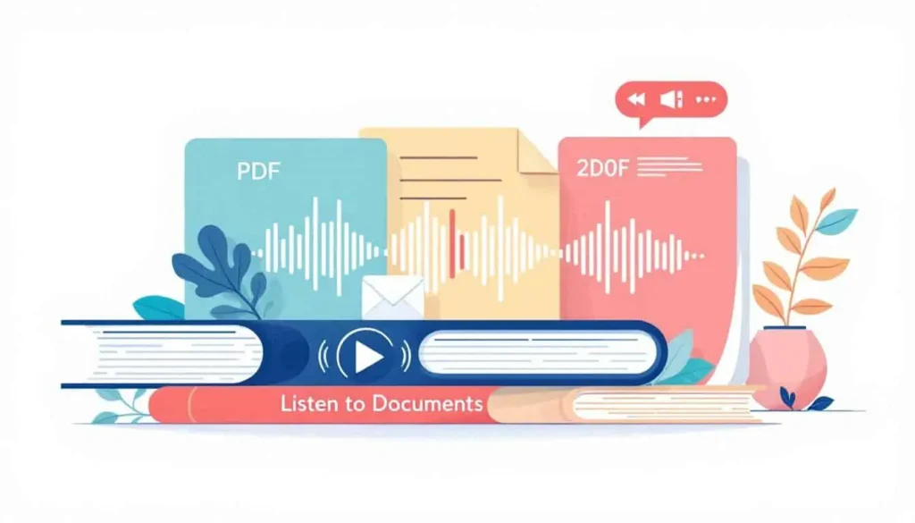 Showing what can Speechify do in a vector illustration of documents turning into audio waveforms with a play button.