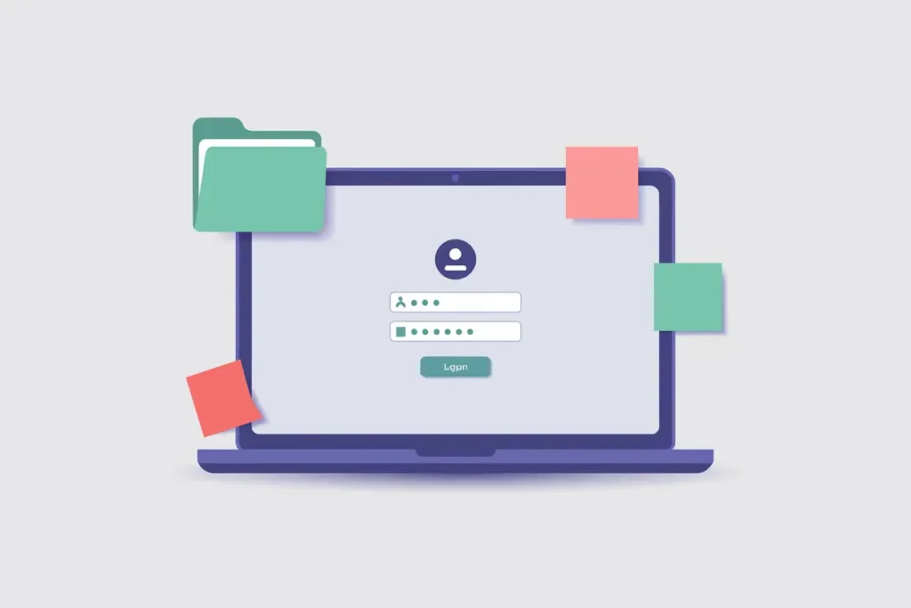 modern vector illustration with a light grey background of a purple laptop showing a login screen, peach and green sticky notes, and a folder decorate the edges