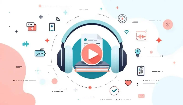 Featured image showing large headphones wrapped around a stack of documents with a play button, surrounded by icons for upload, scan, paste, browser extension, mobile app, audio waveform, speed control, privacy shield, Wi‑Fi/refresh/update, and a newsletter, in teal and coral on a light background.