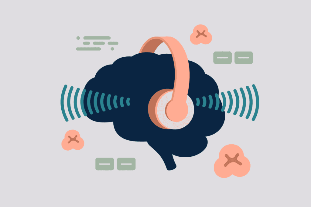 a navy blue brain illustration with peach headhones and teal audio waves, with sage green and peach accents in the background