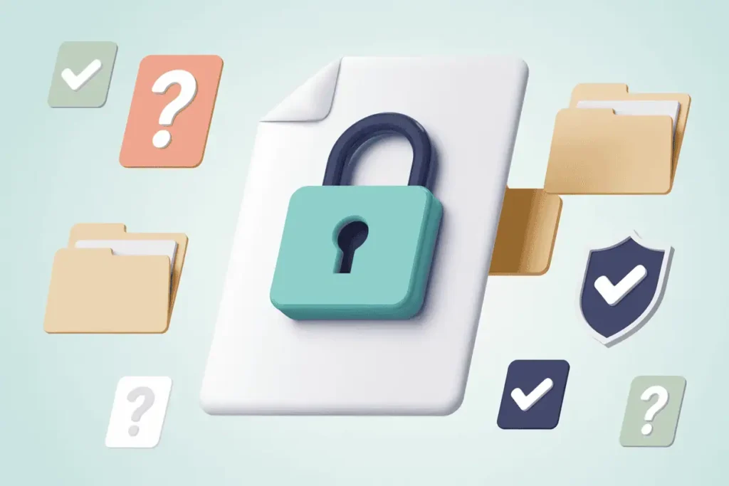 security illustration with a teal and navy blue lock in front of a white piece of paper, with shields, manila folders, checkmarks, and question marks in the background

