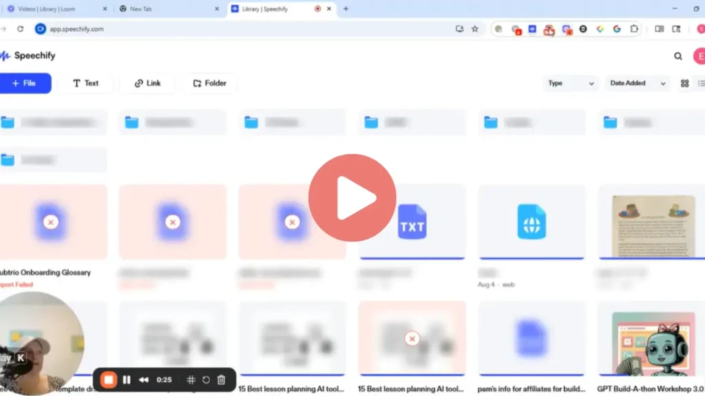 “Screen recording view of the Speechify web app library page showing various file folders and document thumbnails, some marked with error icons. A large coral play button overlays the center of the screen. At the bottom left, a small circular webcam video shows a woman speaking. The interface includes options for adding files, text, links, and folders.”