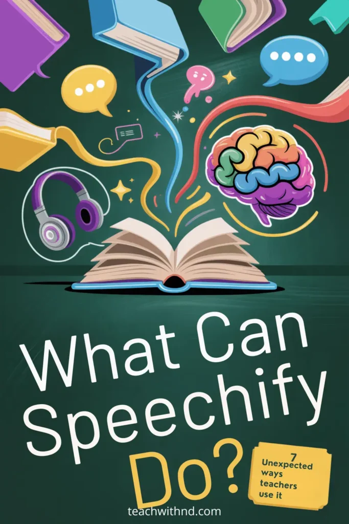 Colorful Pinterest graphic with an open book at the center, illustrated icons of headphones, chat bubbles, and a rainbow-colored brain emerging from the pages. Bold text reads: What Can Speechify Do? with a sticky note saying 7 unexpected ways teachers use it.