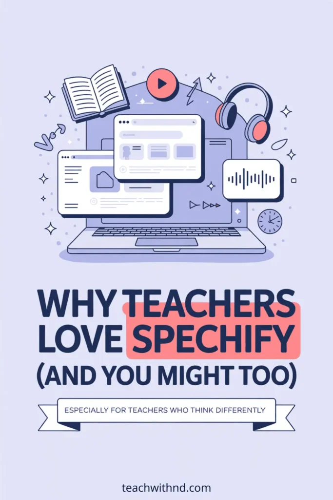 Illustrated Pinterest graphic of a laptop with floating browser windows, headphones, a clock, and soundwave icons. Bold text reads: Why Teachers Love Speechify (And You Might Too). A ribbon says: Especially for teachers who think differently. Designed for educators using text-to-speech tools."