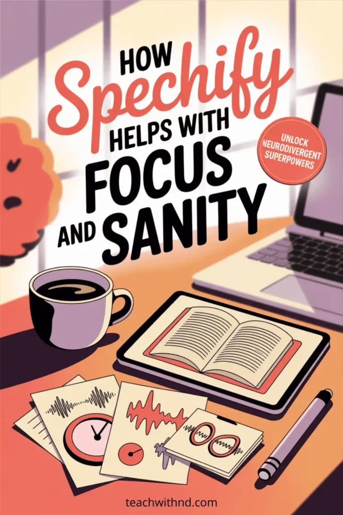 Illustrated Pinterest graphic showing a coffee cup, open book, sound wave cards, and a laptop on a desk with bold text that reads: How Speechify Helps with Focus and Sanity. A badge says Unlock Neurodivergent Superpowers. Designed for teachers using text-to-speech tools