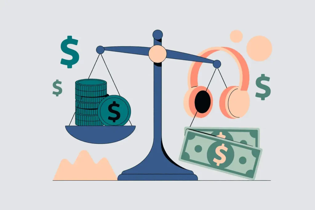 money and value illustration featuring a balance scale with coins and dollar signs on the left and headphones and dollar bills on the right, and the right side is weighted down heavier