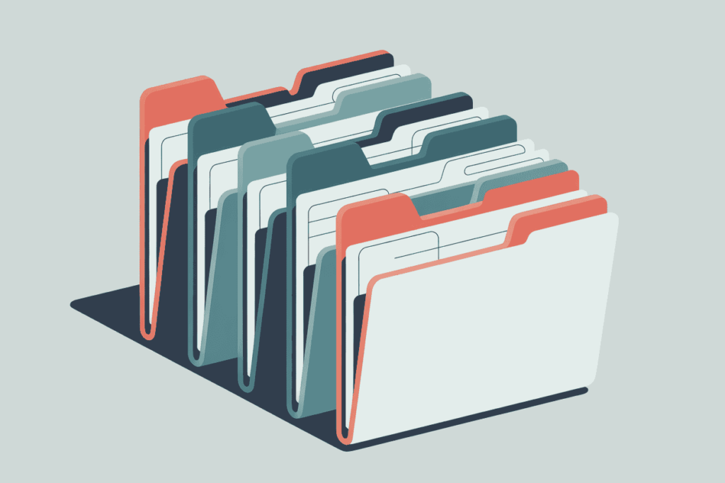 modern vector illustration with light sage green background of peach and sage green folders vertically stacked to represent organization 
