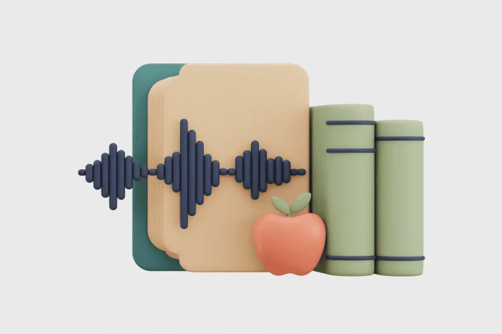 a pile of manila folders on green folder, a pink apple in front, and two sage-colored books on the right, with navy blue audio waves in front of the folders