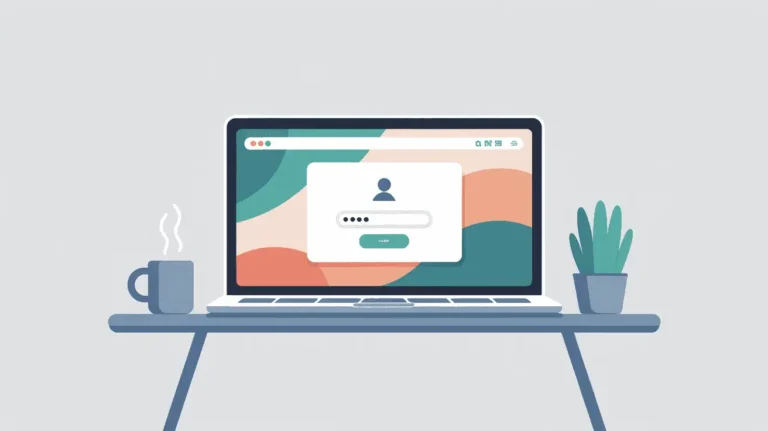 Light grey background with teacher work desk, open laptop to a login screen, with green and peach colors
