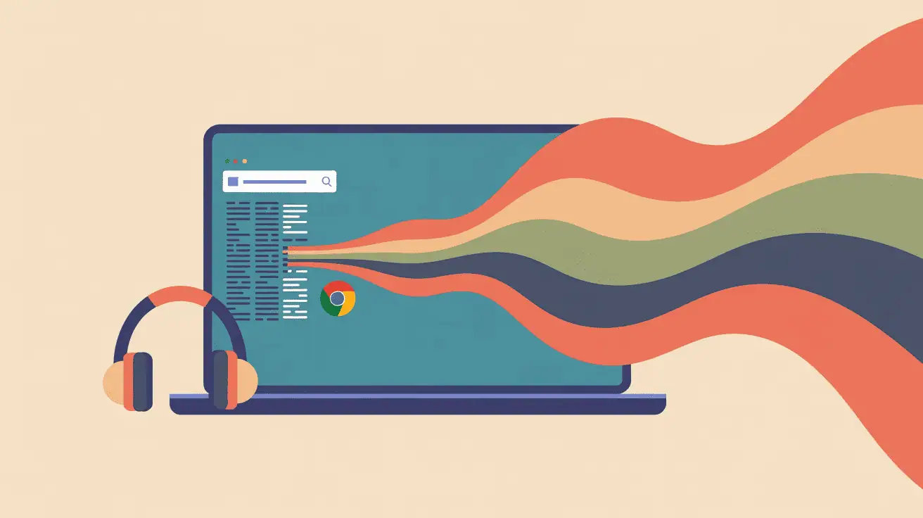 desktop computer with audio waves exiting in multicolors, headphones, chrome browser, speechify
