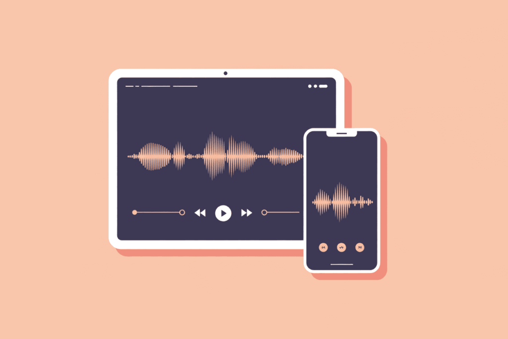 tablet and mobile device in navy blue with peach audio waves and peach background
