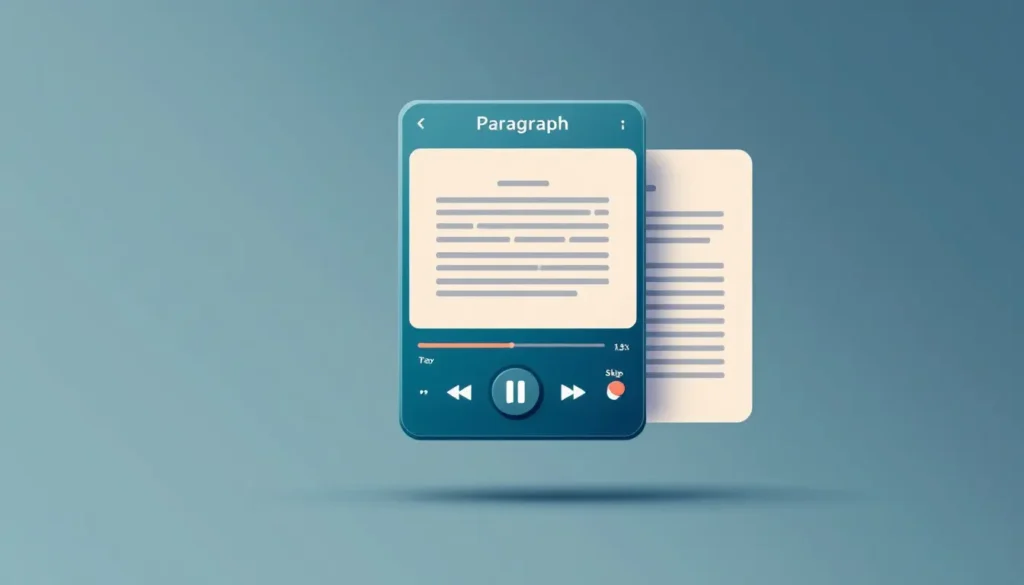 teal color gradient background with mobile device showing text and an audio player settings like pause, rewind, and fast forward, text to speech