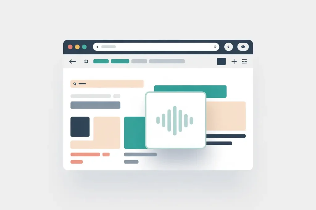 Minimalist vector illustration of a stylized web browser window with abstract colored content blocks in teal, peach, and coral. A floating icon with a sound wave symbol overlays the screen, representing a text-to-speech feature in use. Clean white and grey background, no text or people.