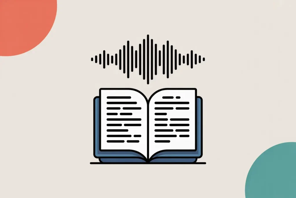 Flat vector illustration of an open book with stylized text, positioned below a black audio waveform icon to represent text-to-speech. Minimalist background in light beige with accent circles in coral and teal. Visual metaphor for reading support or using Speechify when the Chrome extension is not working.