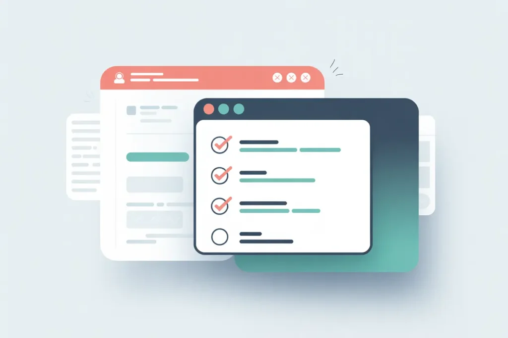 Stylized vector illustration of overlapping browser windows, with a prominent checklist in the foreground showing completed and incomplete tasks. Background uses soft blue tones with accent colors in teal and coral. Represents progress tracking, troubleshooting steps, or setup completion.