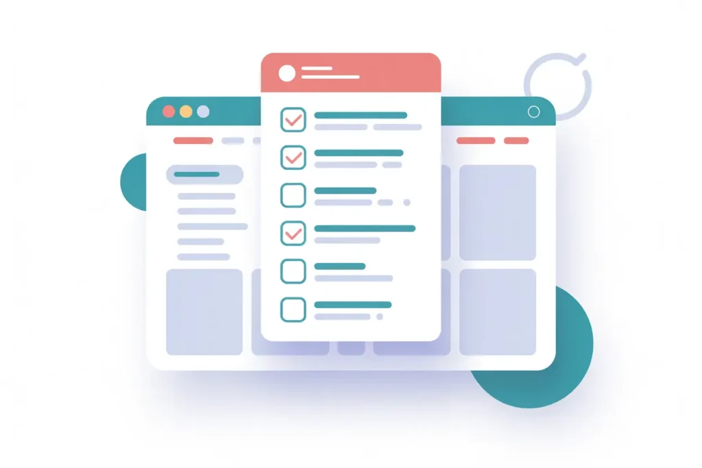 Vector illustration of a digital checklist displayed over layered browser windows, with several items marked complete. Clean white background with accent colors in teal, coral, and soft blue. Represents troubleshooting steps or a task list related to fixing the Speechify Chrome extension not working.