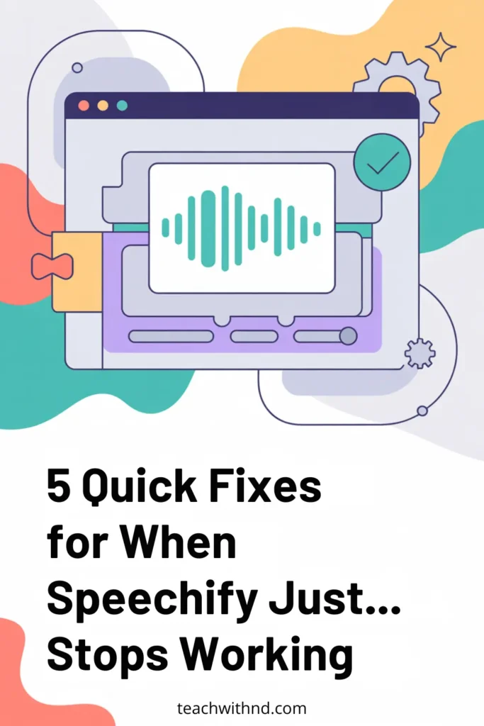 Flat design of a browser interface with a teal audio waveform and mechanical icons. Soft abstract shapes in the background. Text overlay reads “5 Quick Fixes for When Speechify Just… Stops Working.”