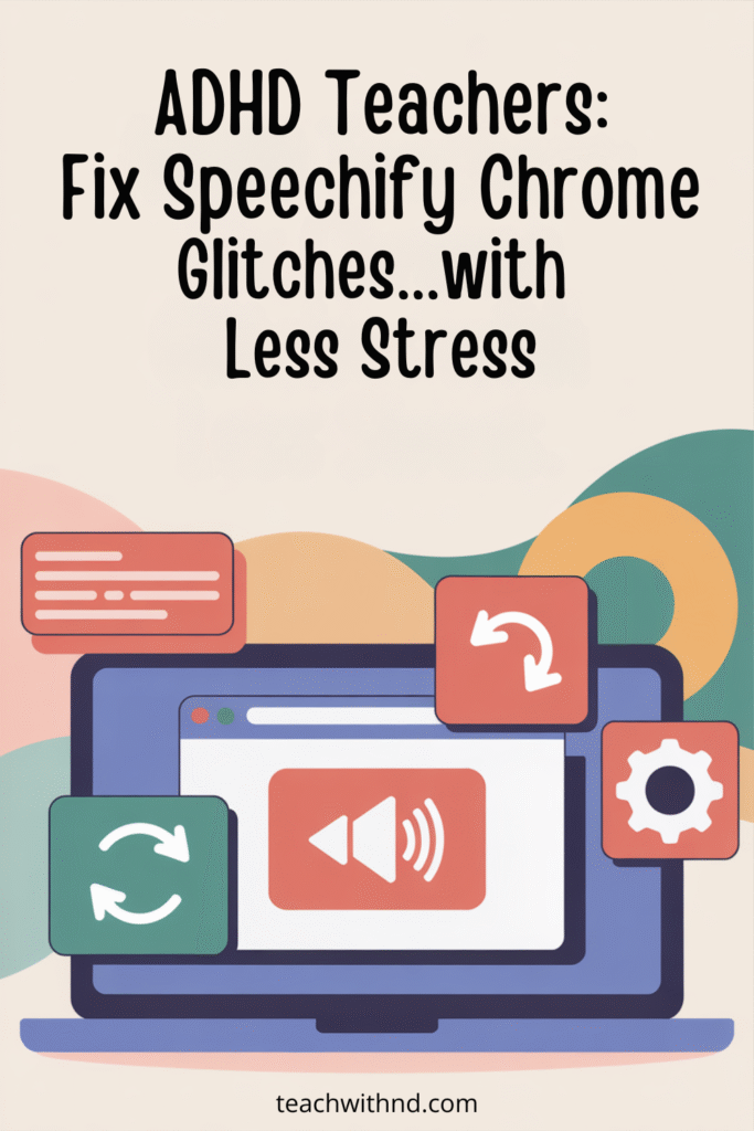 Illustration of a laptop surrounded by refresh and settings icons, with calming abstract shapes in the background. Overlay text says “ADHD Teachers: Fix Speechify Chrome Glitches…with Less Stress.”