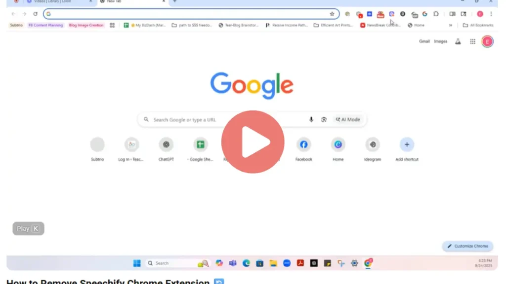 "Screenshot of a Google Chrome new tab page with the Google logo, search bar, and shortcut icons. A large coral play button overlays the center, indicating a video about removing the Speechify Chrome extension. The browser tabs and bookmarks bar are visible at the top."