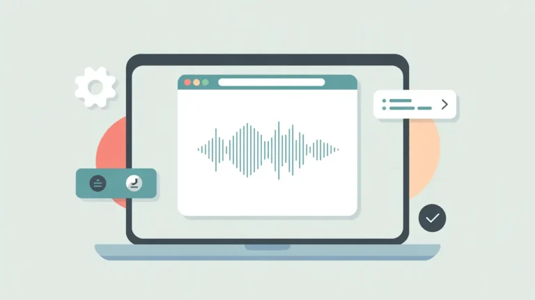 Minimalist vector illustration of a laptop screen displaying a sound wave icon inside a web browser window, symbolizing text-to-speech. Surrounded by floating UI elements like a gear, checkmark, and speech bubble. Soft neutral background with teal, coral, and peach accent colors. No people or text.