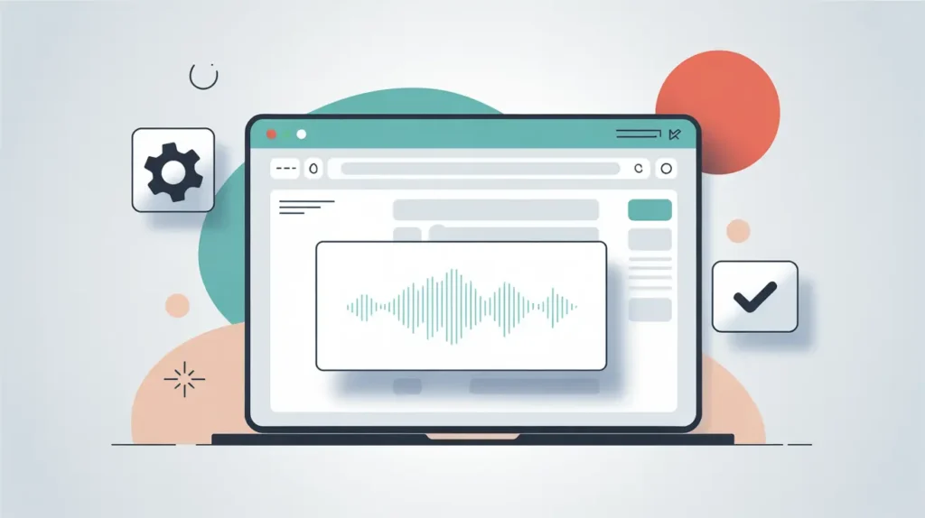 Modern vector illustration of a laptop screen displaying a browser window with a sound wave icon in the center, symbolizing audio playback or text-to-speech. Surrounded by UI icons like a gear and checkmark. Soft background in white and grey with accent shapes in coral, peach, and teal.