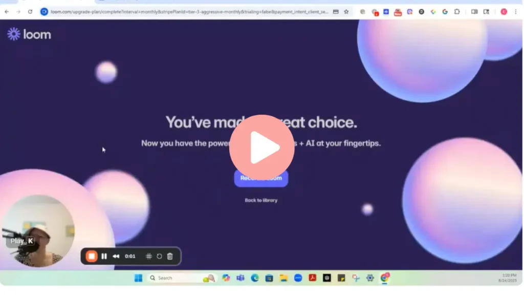 Speechify Chrome Extension Not Working? 5 Easy Fixes Teachers Can Try 2 “A screen recording of the Loom website showing a confirmation page with the message ‘You’ve made a great choice. Now you have the power of effortless + AI at your fingertips.’ The background is dark purple with floating pastel gradient spheres. A circular webcam view in the bottom-left shows a woman speaking into a microphone. A large pink play button overlays the center of the screen, indicating that it's a video. Browser tabs and the Windows taskbar are visible.”