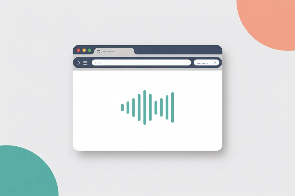 Flat vector illustration of a Chrome-style browser window with a centered teal audio waveform, representing text-to-speech. Minimalist white background with soft coral and teal accents. Conceptual visual for troubleshooting the Speechify Chrome extension not working.