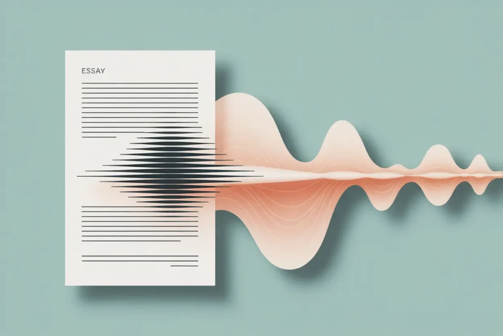 How to Use Speechify for Grading Without Burning Out 9 “A minimalist vector illustration of a typed essay page on a teal background, with a stylized coral-peach audio wave emerging from the right side of the paper. The wave has smooth, layered curves that represent text being converted into speech. The overall style is clean, modern, and abstract.”