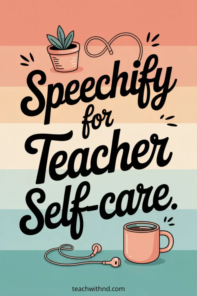“Colorful illustrated graphic with horizontal pastel stripes in peach, cream, yellow, teal, and blue. The text reads ‘Speechify for Teacher Self-care.’ A small potted plant and earbud cord sit near the top, and at the bottom are peach-colored earbuds next to a matching coffee mug. teachwithnd.com appears at the bottom.”