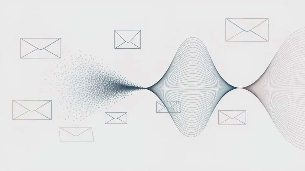 A modern vector-style illustration showing outlined envelope icons scattered across a light background. In the center, a thin blue audio-wave form expands outward, curving into smooth, layered shapes. On the left, the wave breaks apart into tiny scattered particles, suggesting email overload dissolving into noise. The overall design symbolizes turning incoming emails into audio processing.