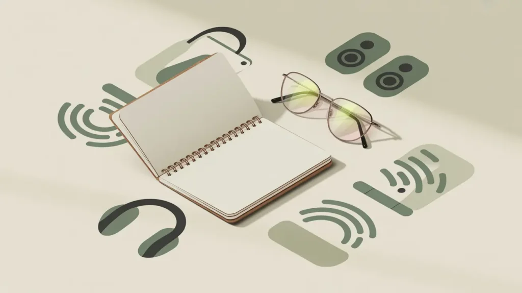 A modern vector-style illustration of an open blank spiral notebook lying on a neutral surface, with a pair of round glasses beside it. Surrounding the notebook are various audio-related icons in muted green tones, including sound waves, headphones, and speaker symbols. The scene suggests listening while taking notes or working, using a calm, minimalist aesthetic.