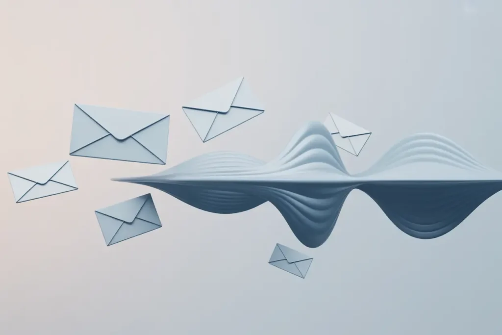 A modern vector-style illustration of several floating white envelopes surrounding a large sculptural blue audio-wave form in the center. The wave has smooth, layered ridges that rise and fall, symbolizing sound or speech. The background is a soft gradient of pale blue and peach, conveying a calm, minimal aesthetic and representing emails being transformed into audio.