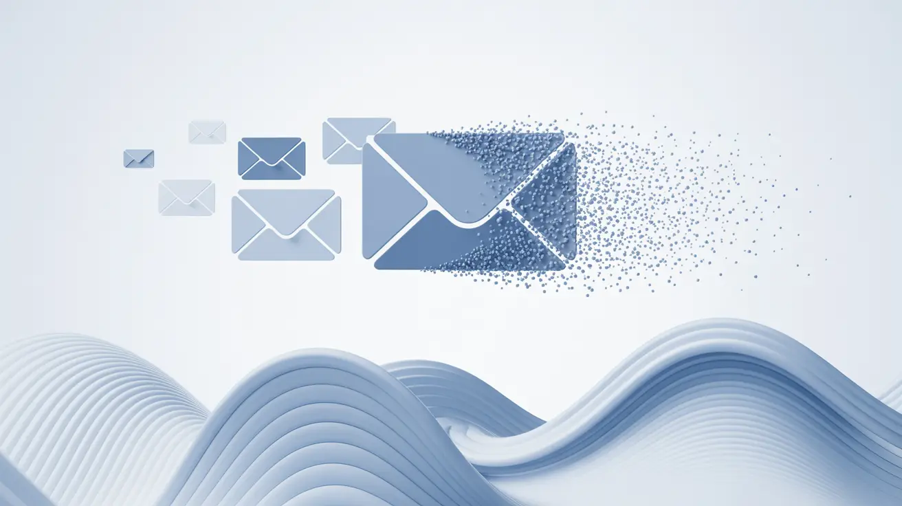 A modern vector-style illustration of multiple blue envelope icons floating forward, with the largest envelope on the right breaking apart into tiny scattered particles. Soft wavy blue lines form a textured landscape along the bottom. The image suggests email overload, digital overwhelm, or messages dissolving into sound.