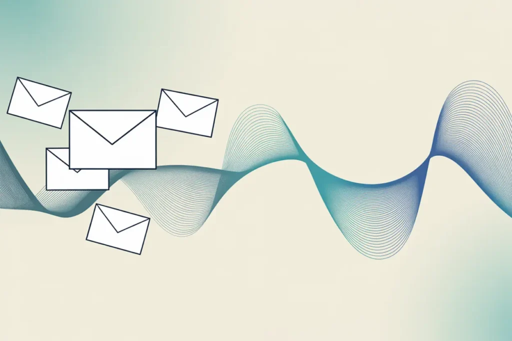 A modern vector-style illustration of several outlined white envelope icons floating on the left side, representing using Speechify for emails. A flowing teal and blue audio-wave ribbon stretches across the image from left to right, symbolizing converting emails into audio. The background is a soft neutral gradient, creating a calm, minimal look.