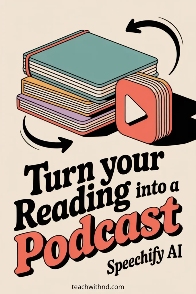 “A stylized 2D modern vector illustration of a stack of colorful books in teal, peach, purple, and beige tones, with curved black arrows indicating movement toward a large coral play-button icon made of stacked layers. Below the illustration, bold retro-style text reads ‘Turn your Reading into a Podcast – Speechify AI.’ Overall design features a neutral cream background and uses Teach With ND’s brand palette.”