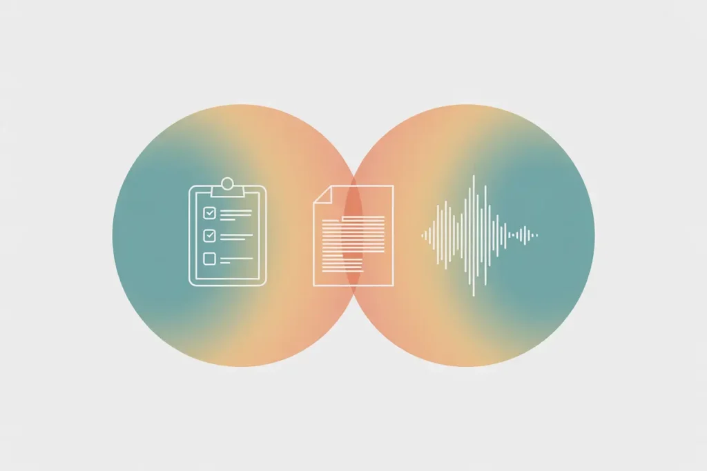 A modern vector-style illustration with two overlapping gradient circles in teal, peach, and gold tones. Inside the left circle is a white outline icon of a clipboard checklist, the center overlap contains a document icon with text lines, and the right circle features a white audio waveform, symbolizing converting written tasks into audio.