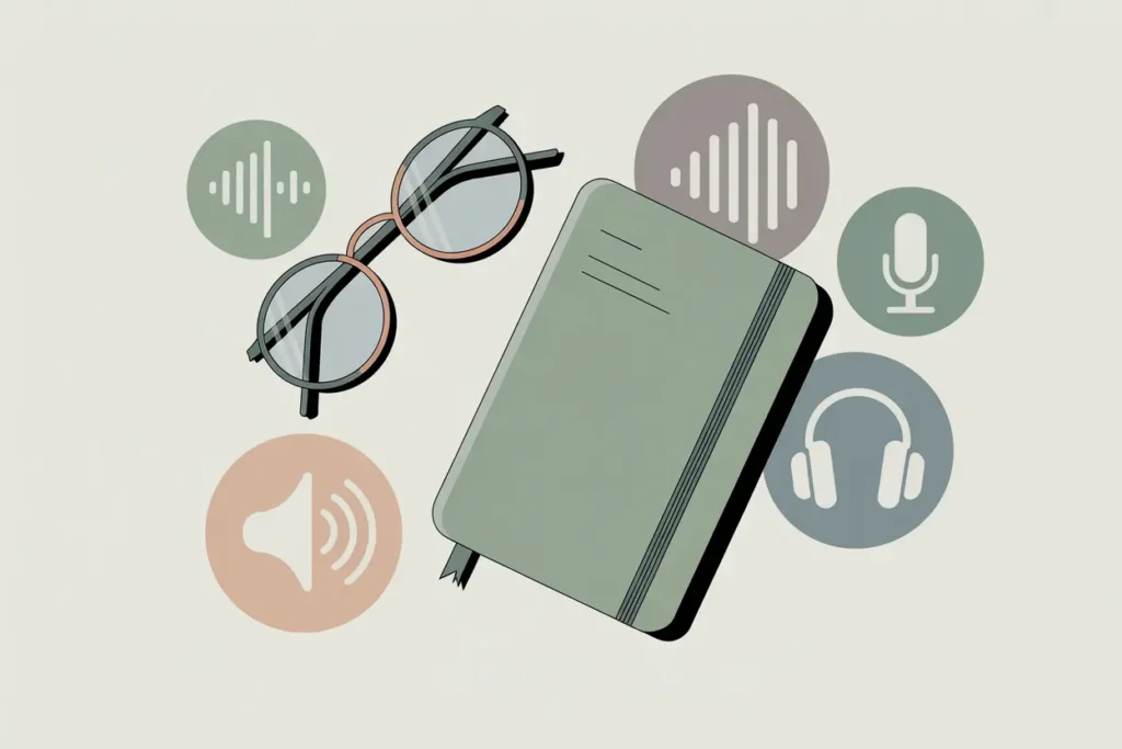 A modern vector-style illustration featuring a closed green notebook with a ribbon bookmark, a pair of round glasses with peach and black frames, and several circular audio-themed icons floating around— including sound waves, a microphone symbol, headphones, and a speaker icon. The color palette includes muted greens, peach, and gray on a clean neutral background, suggesting listening while working or taking notes.